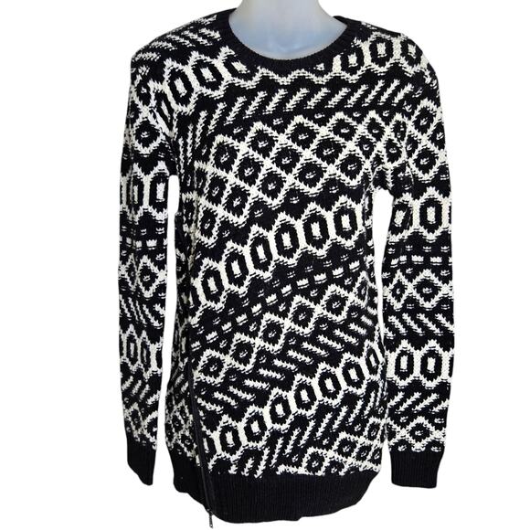 Ann Taylor Womens Geometric Print Sweater XS Black White Side Zipper Wool Blend - Picture 1 of 9